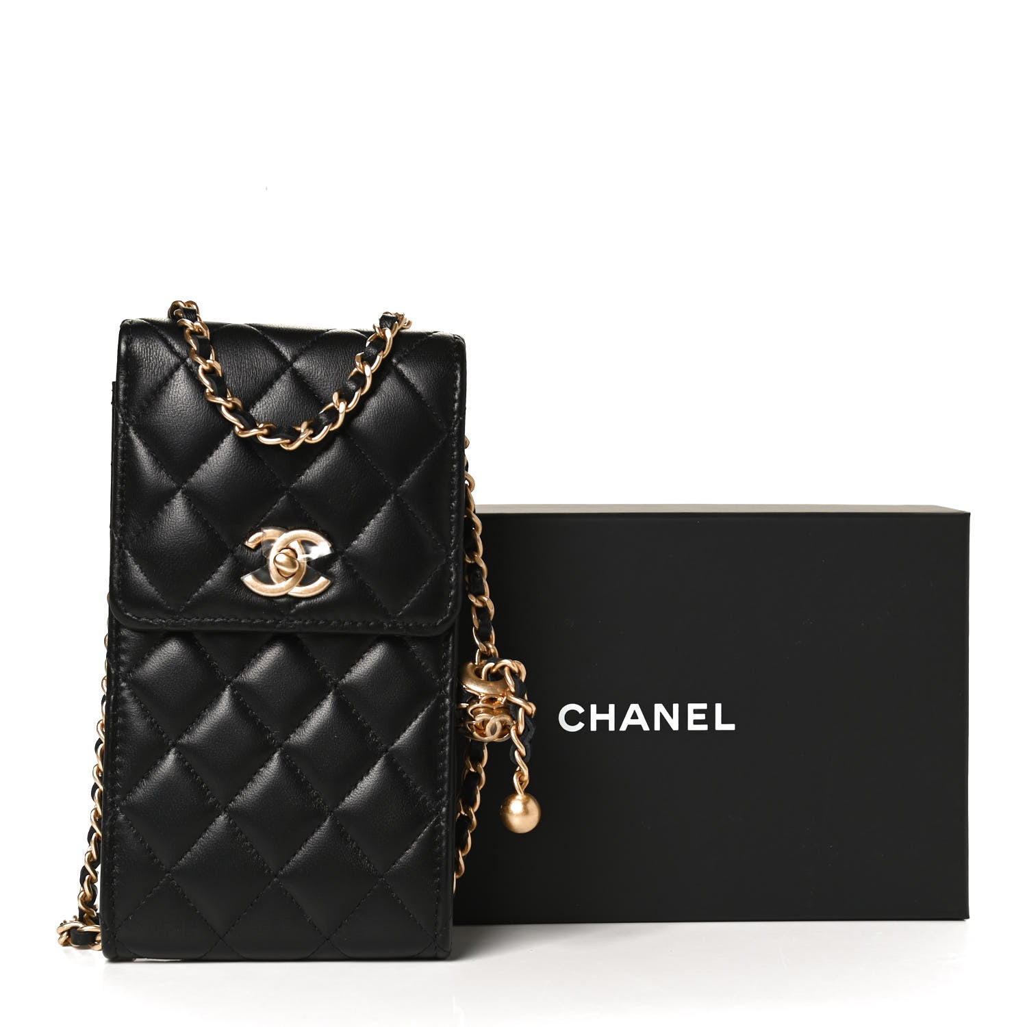 Chanel Lambskin Quilted Pearl Crush Phone Holder With Chain Black 11 of 11