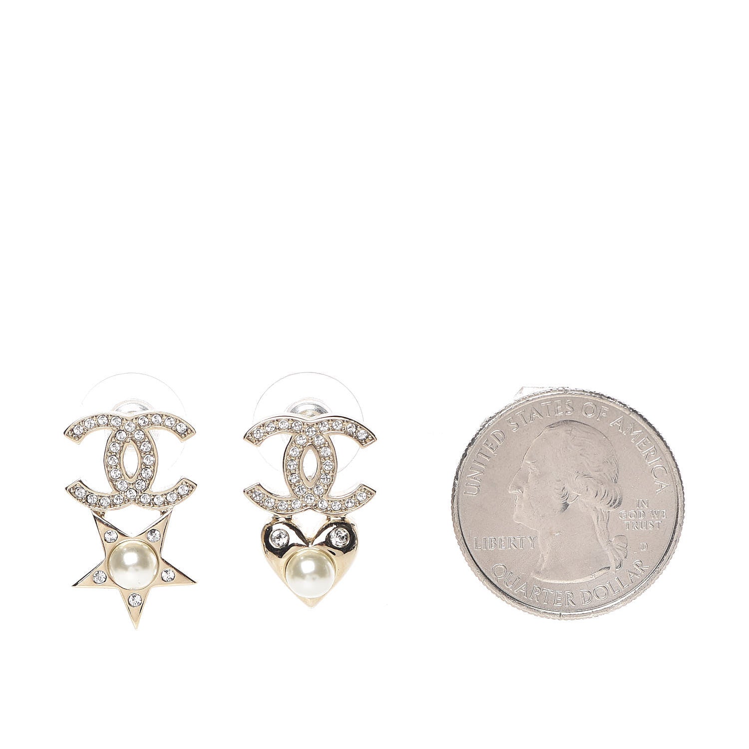 Chanel Crystal Pearl Charming Winter CC Star Heart Earrings Gold 2 of 5