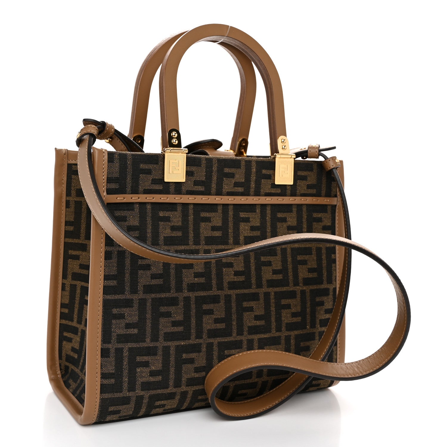 Fendi Fabric Jacquard FF 1974 Logo Small Fendi Sunshine Shopper Tote Tobacco Moro Sand 3 of 10