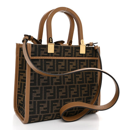 Fendi Fabric Jacquard FF 1974 Logo Small Fendi Sunshine Shopper Tote Tobacco Moro Sand 3 of 10