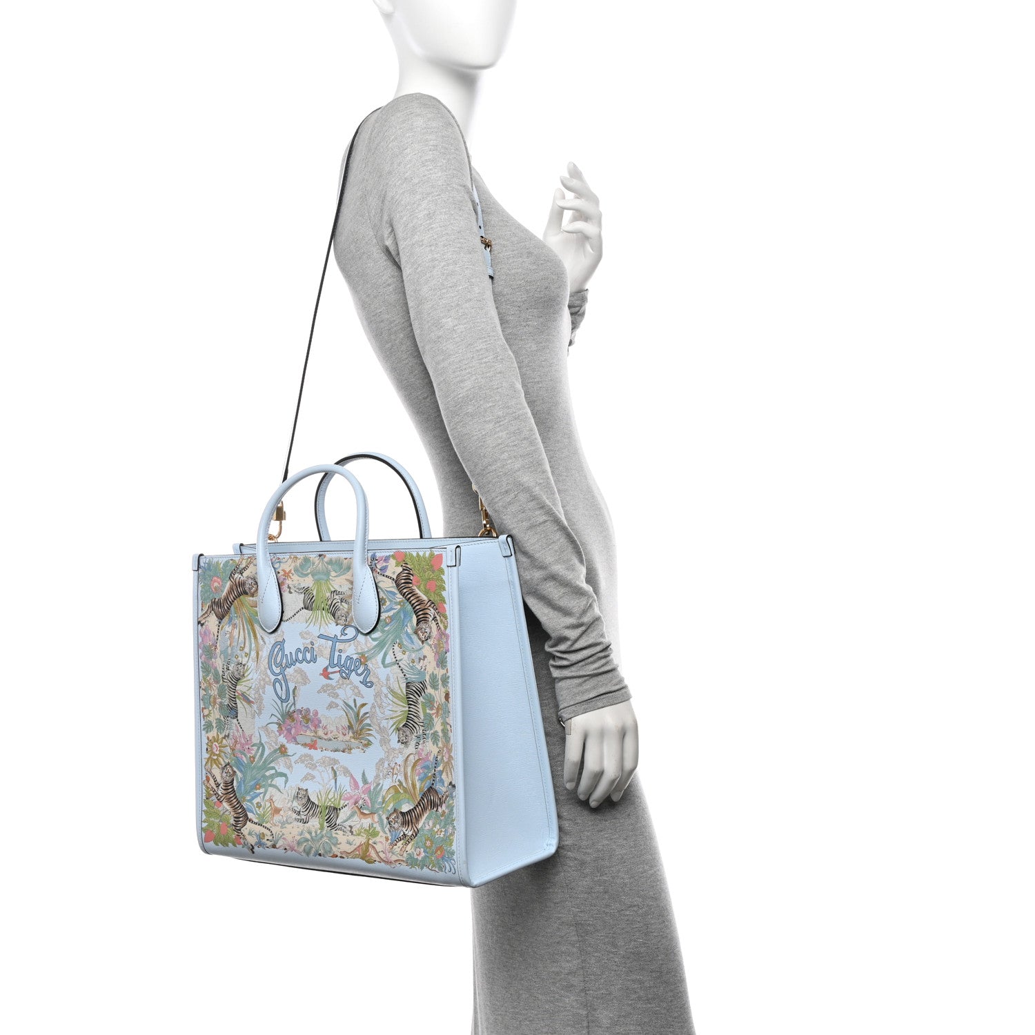 Gucci New Shangai Calfskin Tiger Savanah Textured Calfskin Medium Tote Chalky White Multicolor 1 of 11