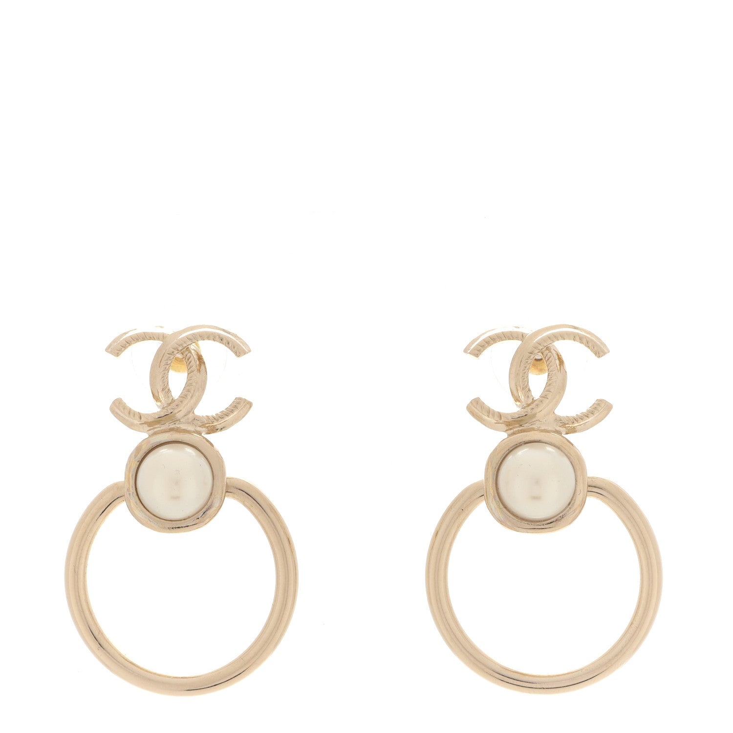 Chanel Metal Pearl CC Hoop Drop Earrings Gold 1 of 5