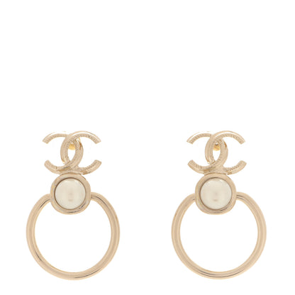 Chanel Metal Pearl CC Hoop Drop Earrings Gold 1 of 5