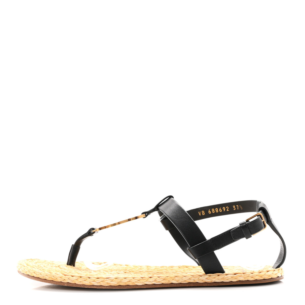 Saint Laurent Calfskin Raffia Cassandra Monogram Sandals 37.5 Black 1 of 10