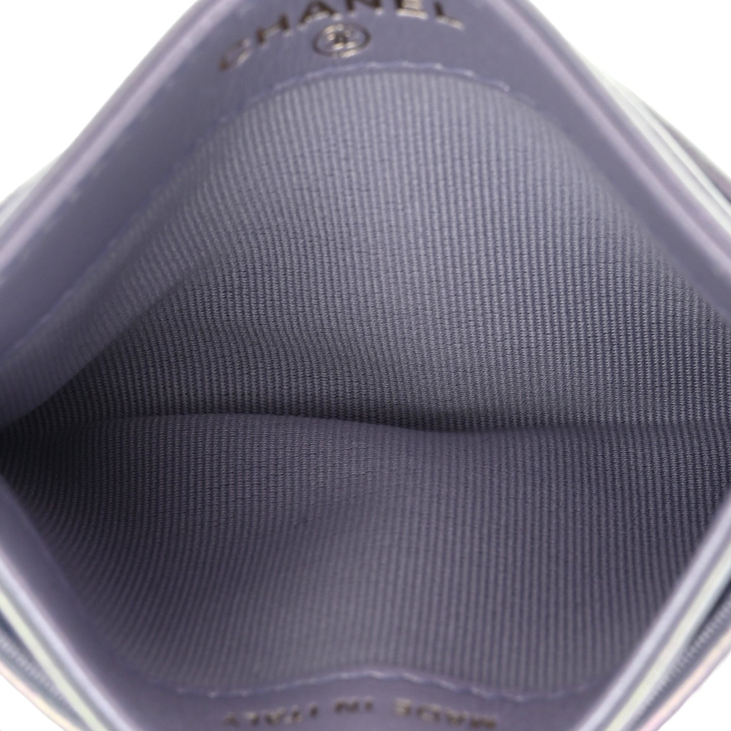 Iridescent Calfskin Quilted Chanel 19 Card Holder Light Purple
