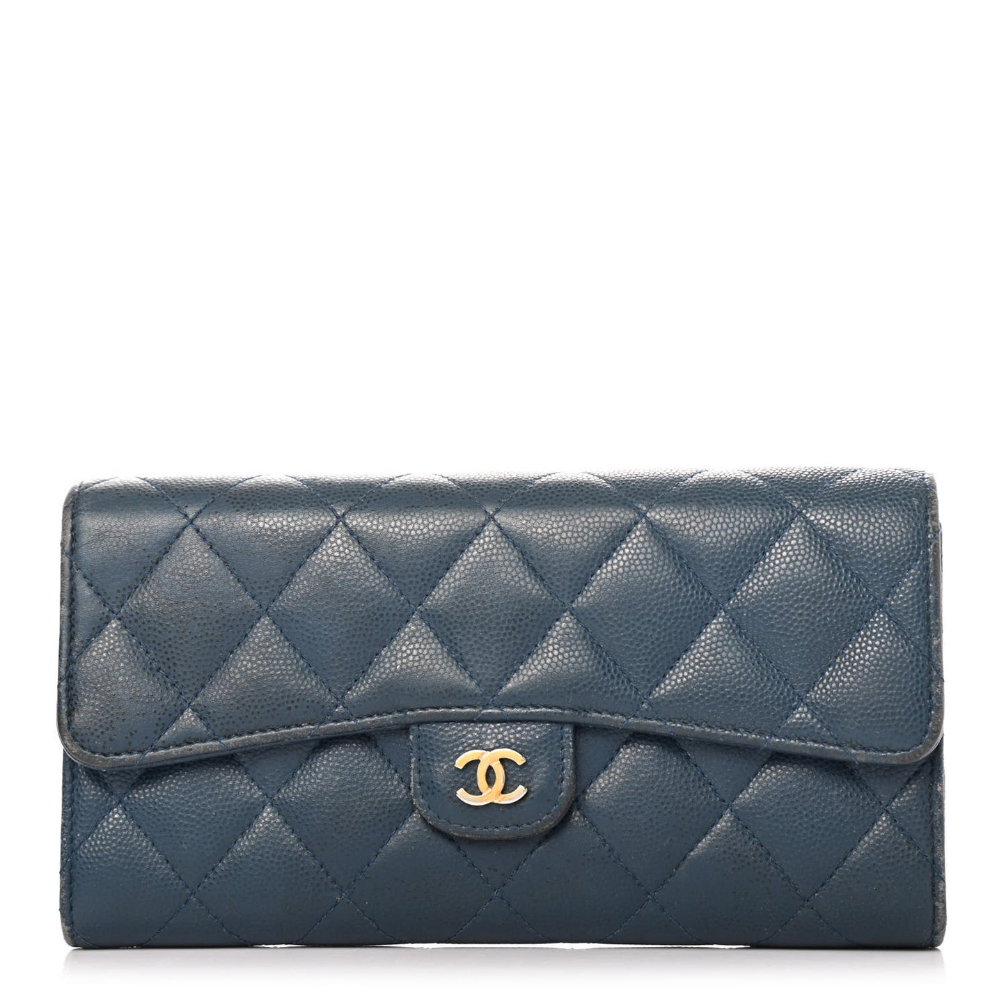 Caviar Quilted Large Gusset Flap Wallet Navy