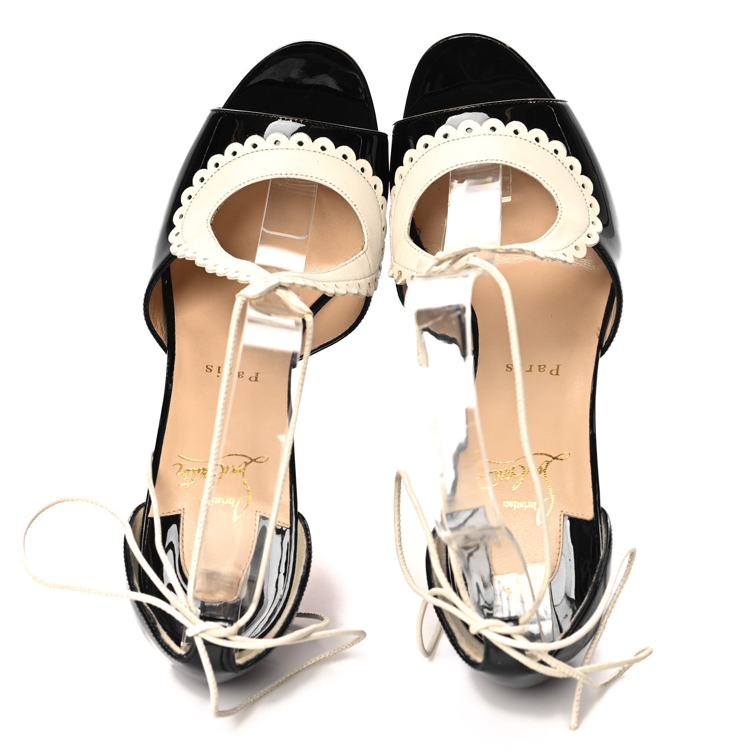 Christian Louboutin Patent Operissima Peep Toe Sandals Ankle Strap 39.5 Black White 2 of 9