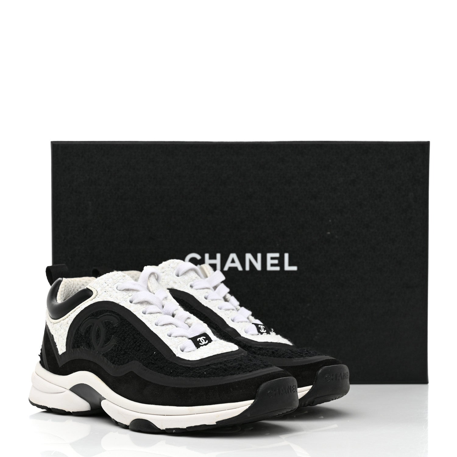 Chanel Tweed Suede Calfskin CC Sneakers 37 Black White 9 of 9