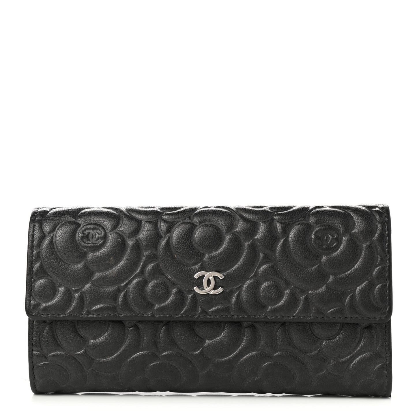 Goatskin Embossed Camellia Large Gusset Flap Wallet Black