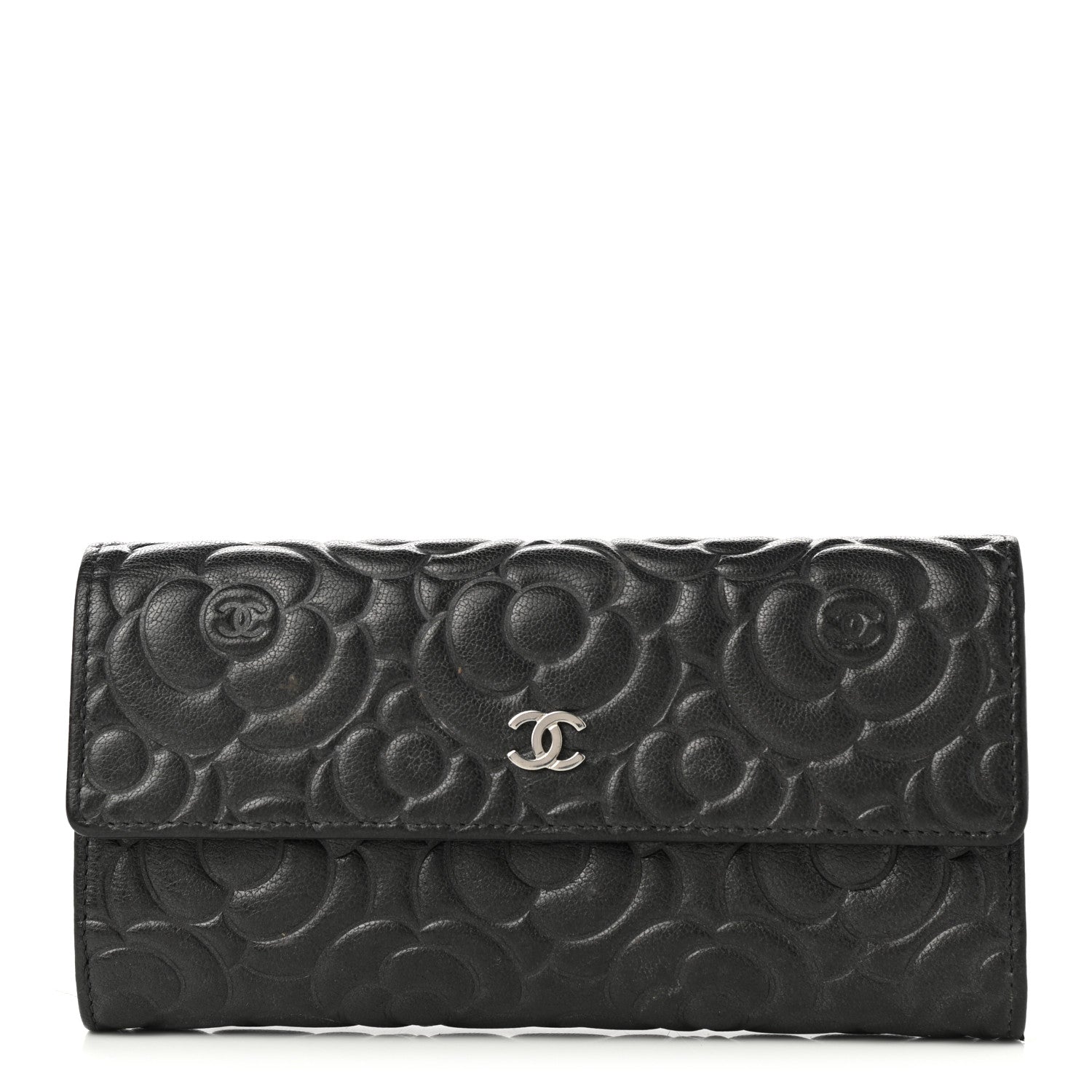 Chanel Goatskin Embossed Camellia Large Gusset Flap Wallet Black 1 of 9