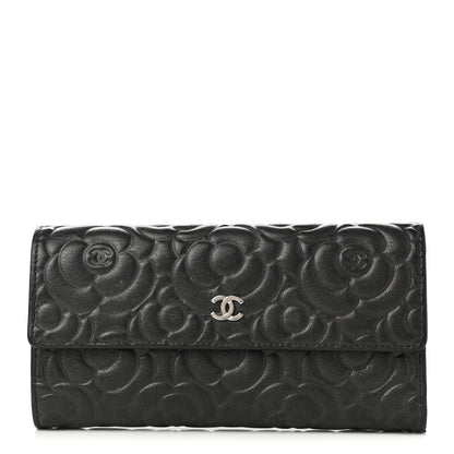 Chanel Goatskin Embossed Camellia Large Gusset Flap Wallet Black 1 of 9