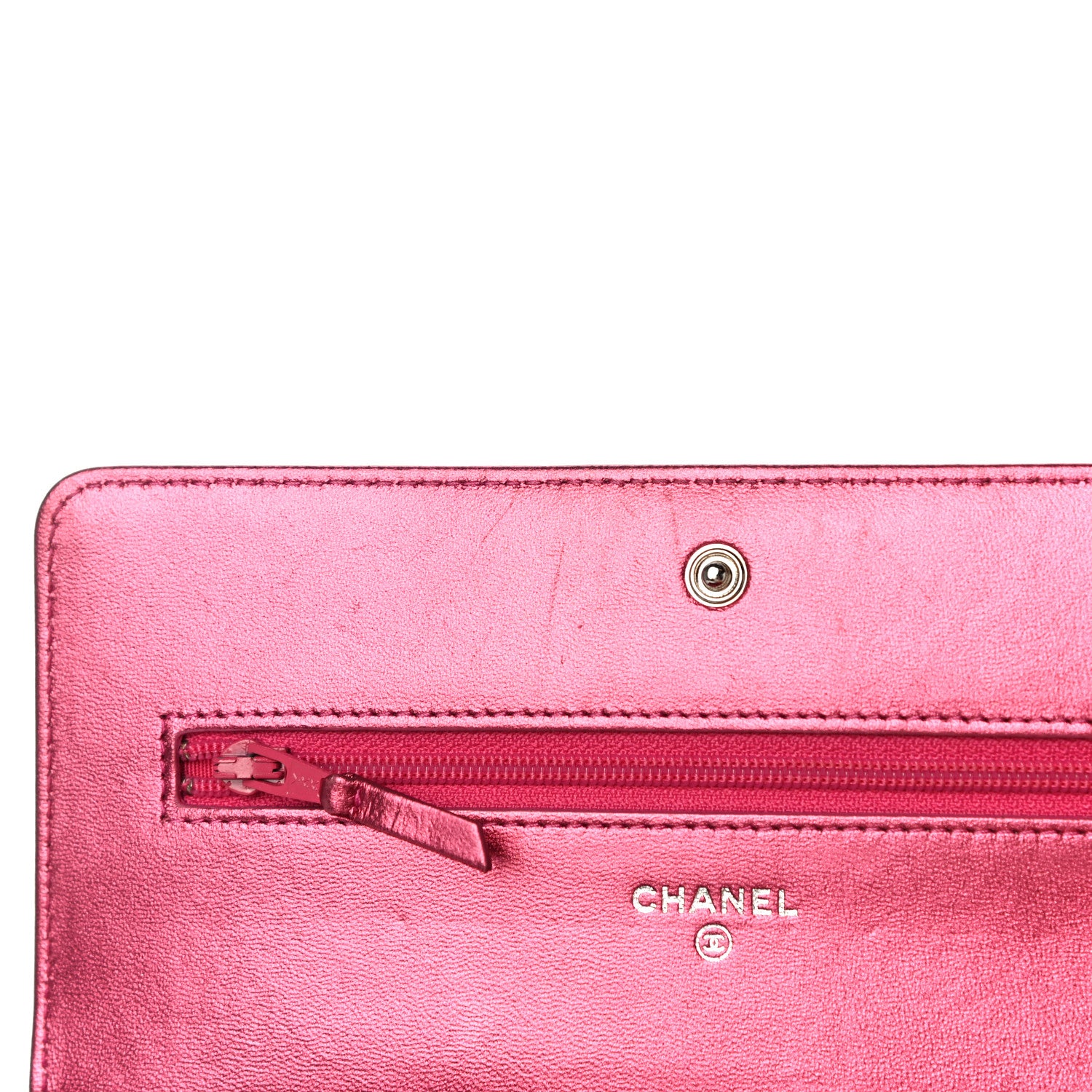 Chanel Metallic Patent Calfskin Quilted Boy Wallet On Chain WOC Fuchsia 16 of 18