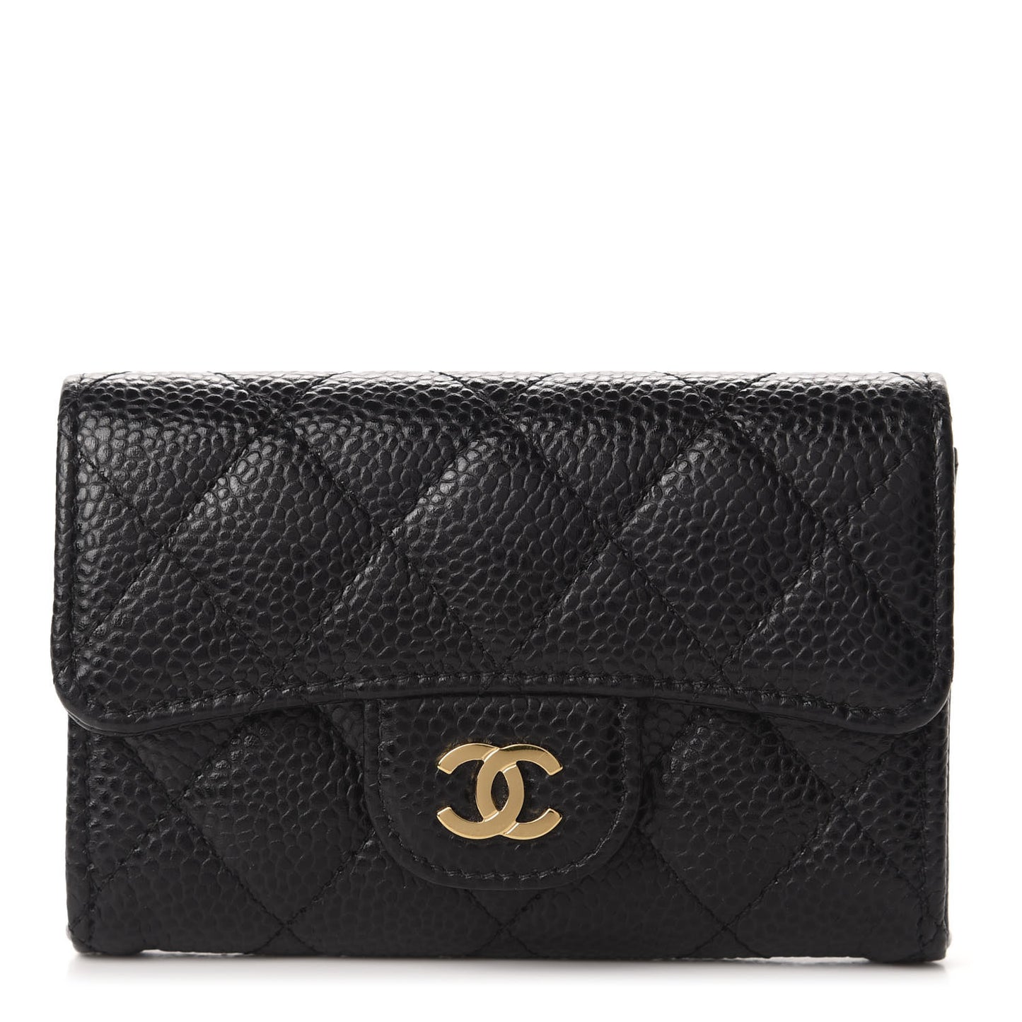 Caviar Quilted Flap Card Holder Wallet Black