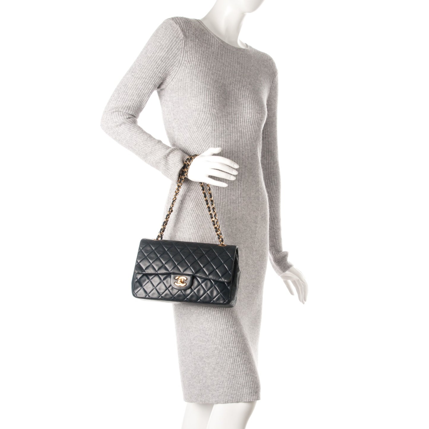 Lambskin Quilted Medium Double Flap Navy
