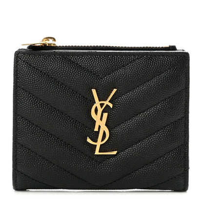 Saint Laurent Grain De Poudre Matelasse Chevron Monogram Zipped Card Case Black 1 of 8