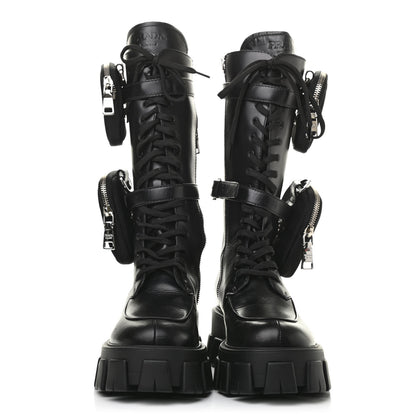 Prada Vitello Lux Nylon Metal Triangle Logo Monolith Pouch Pocket 55mm Tall Combat Boots 39.5 Black 2 of 12