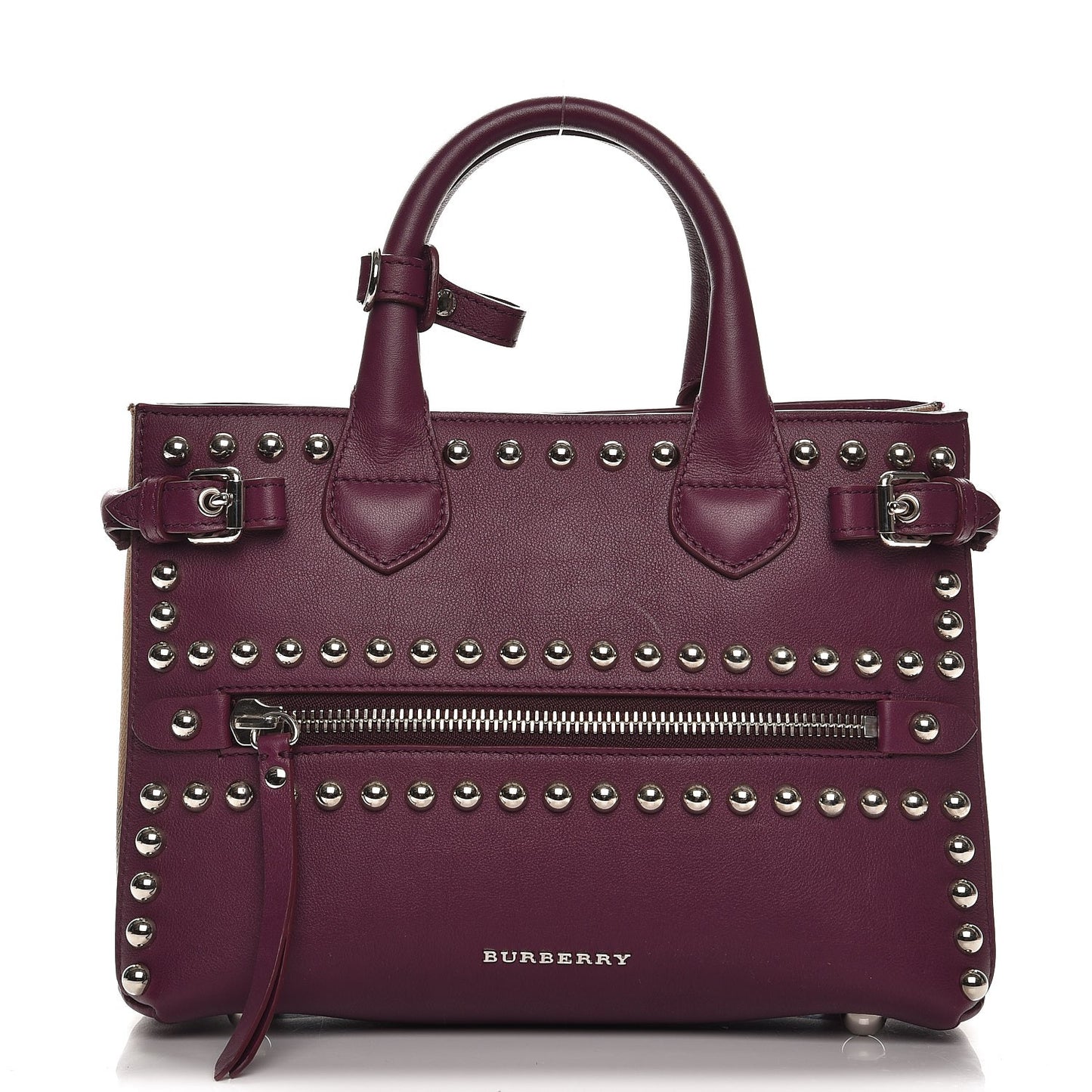 Calfskin House Check Studded Small Banner Tote Dark Plum