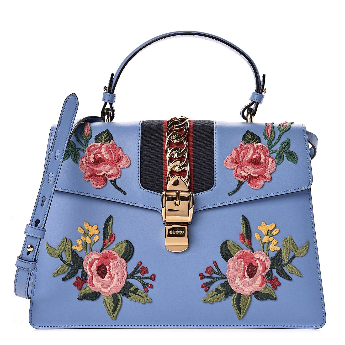Calfskin Embroidered Medium Sylvie Top Handle Bag Clear Sky Blue