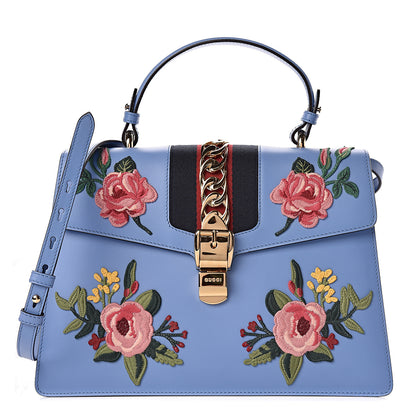 Gucci Calfskin Embroidered Medium Sylvie Top Handle Bag Clear Sky Blue 1 of 10