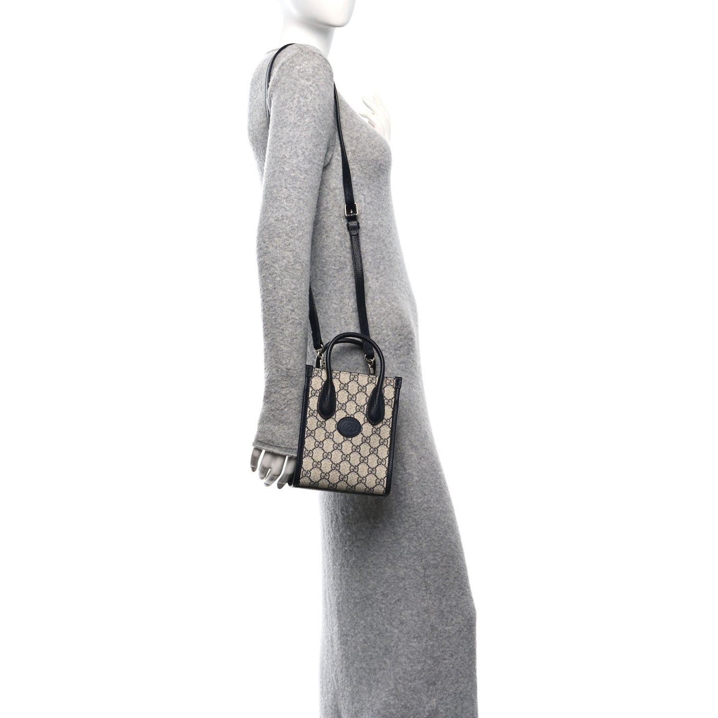 GG Supreme Monogram Textured Dollar Calfskin Mini Retro Interlocking G Tote Bag Beige Blue