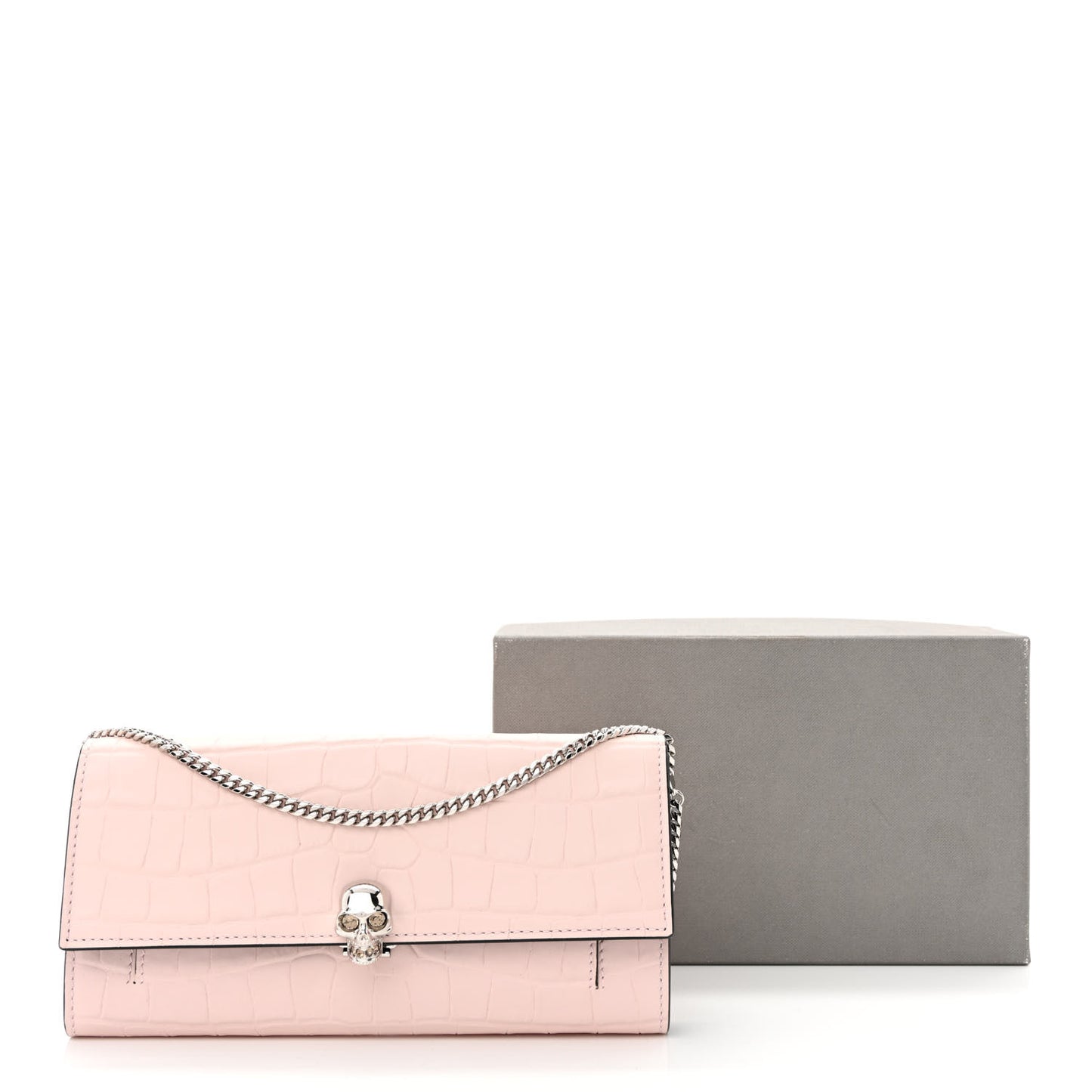 Calfskin Crocodile Embossed Skull Wallet on Chain Baby Pink