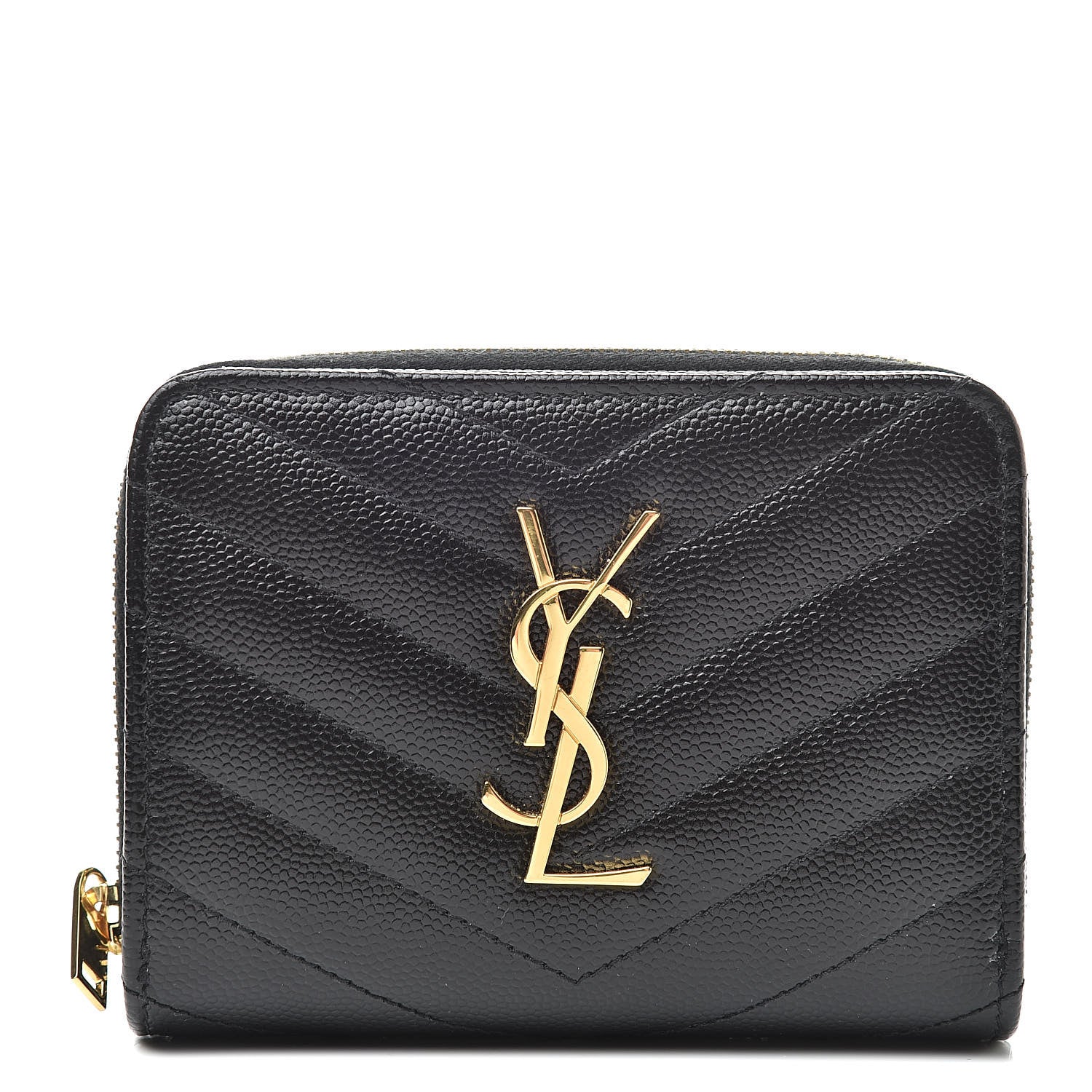 Saint Laurent Grain De Poudre Matelasse Chevron Monogram Compact Zip Around Wallet Black 1 of 9