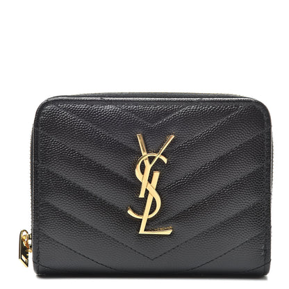 Saint Laurent Grain De Poudre Matelasse Chevron Monogram Compact Zip Around Wallet Black 1 of 9