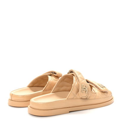 Chanel Lambskin Quilted Velcro Dad Chain CC Slide Sandals 40 Beige 5 of 10