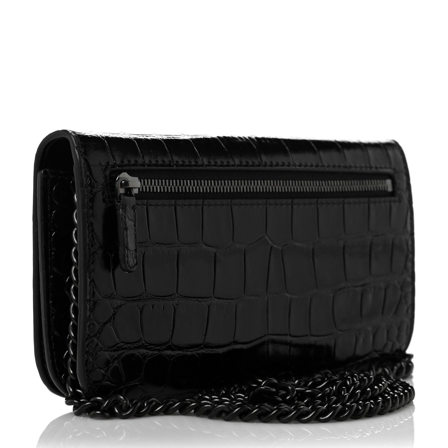 Shiny Calfskin Crocodile Embossed BB Phone Holder Wallet On Chain Black