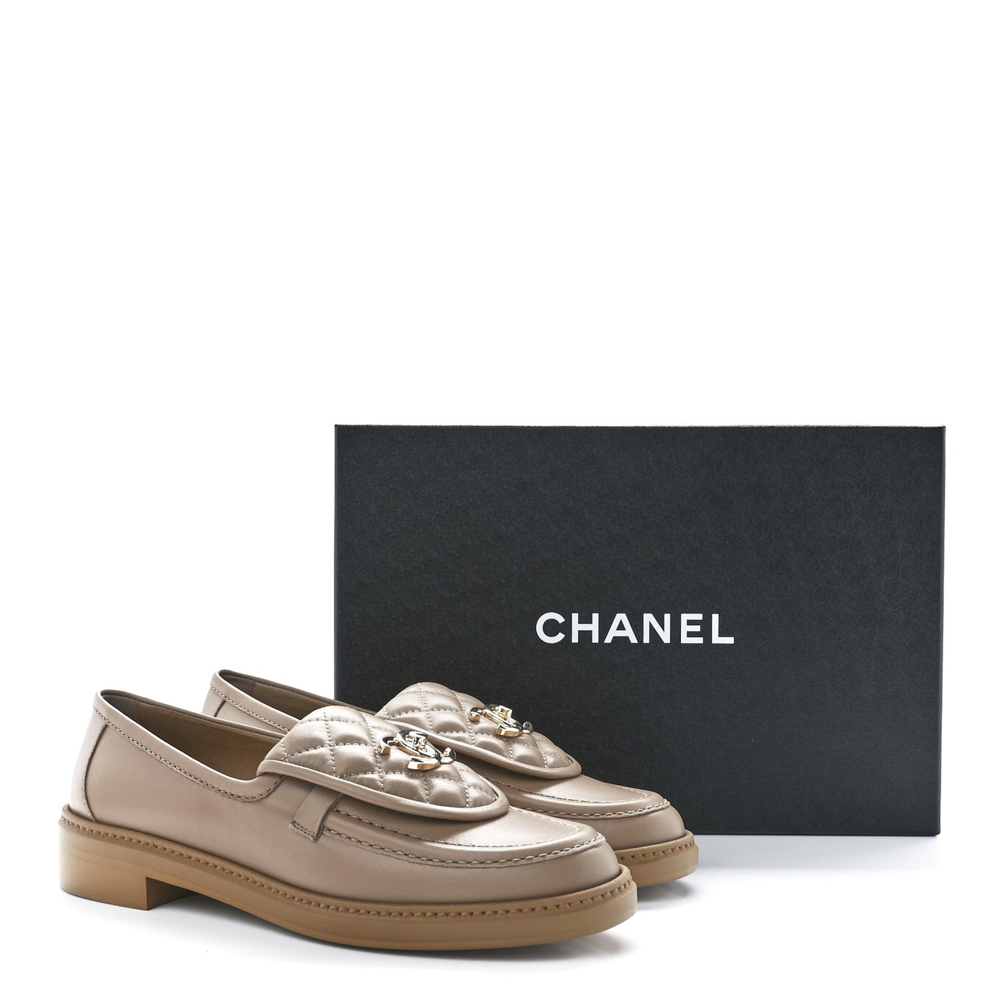 Lambskin Quilted CC Turnlock Loafers 38.5 Beige