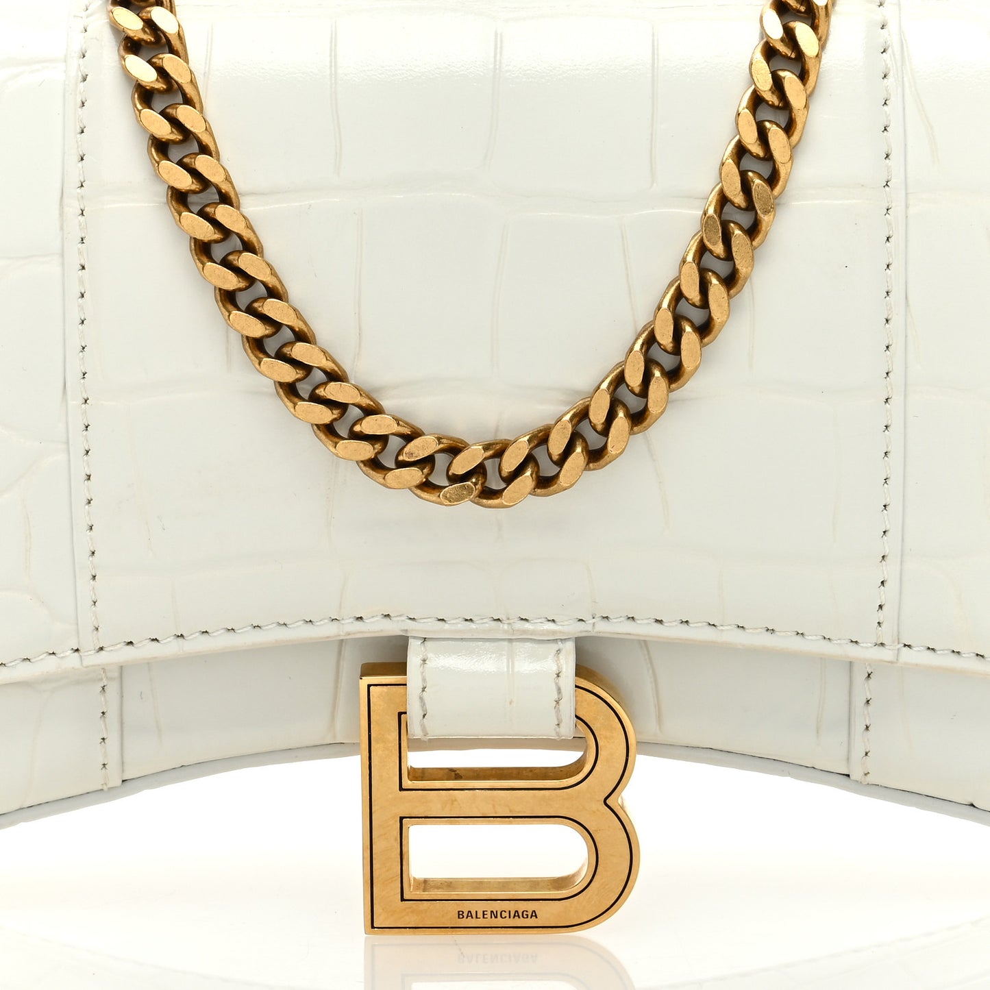Shiny Calfskin Crocodile Embossed Hourglass Chain Bag White