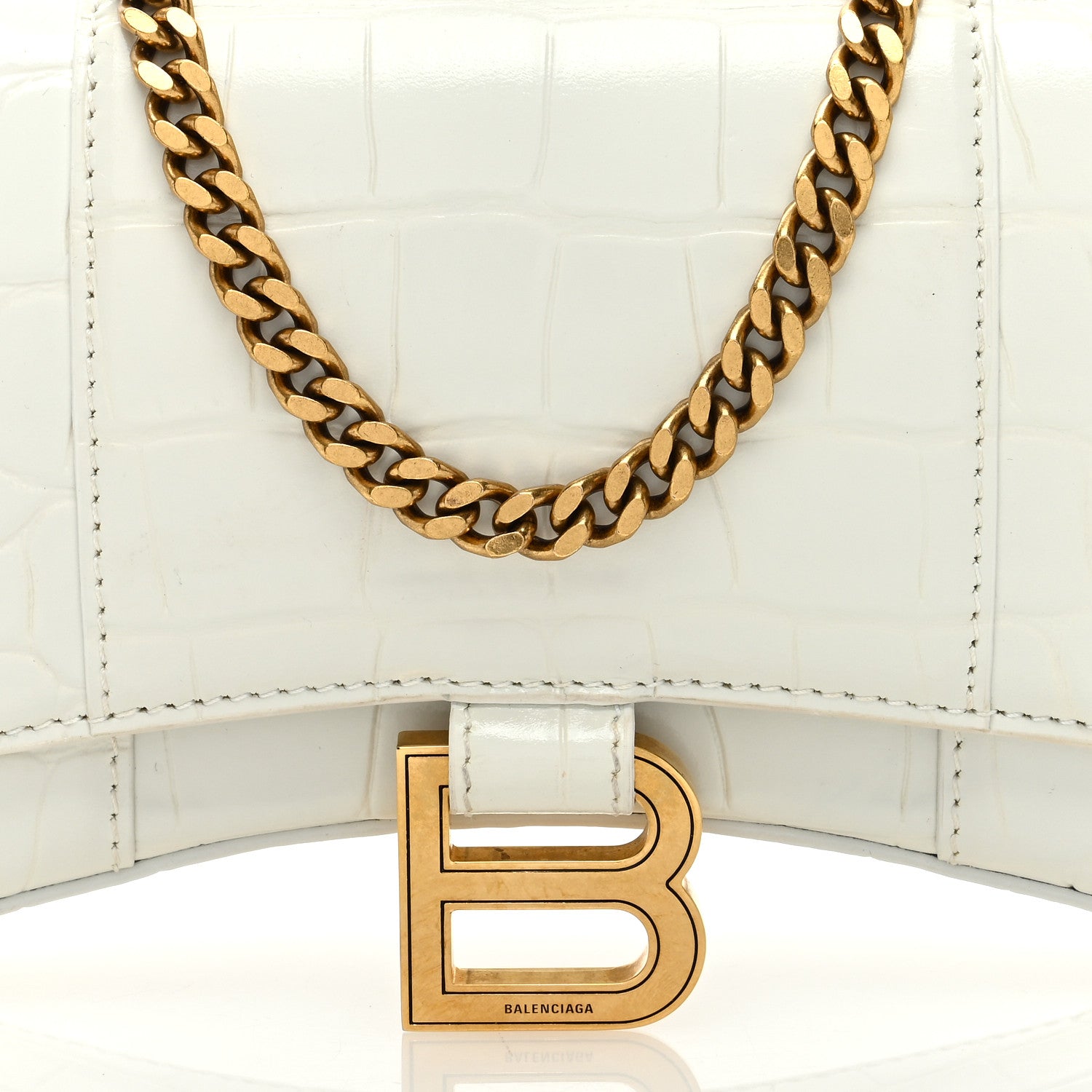 Balenciaga Shiny Calfskin Crocodile Embossed Hourglass Chain Bag White 7 of 9