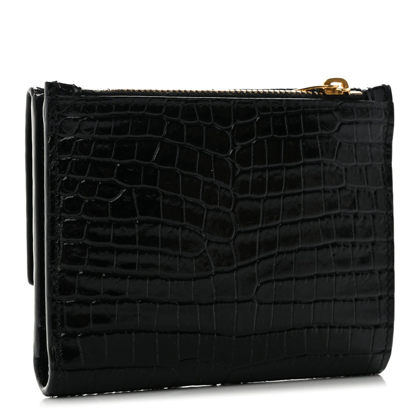 Shiny Calfskin Crocodile Embossed Monogram Uptown Compact Wallet Black