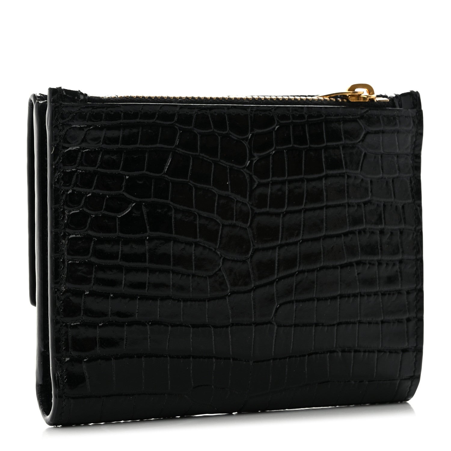 Saint Laurent Shiny Calfskin Crocodile Embossed Monogram Uptown Compact Wallet Black 3 of 13
