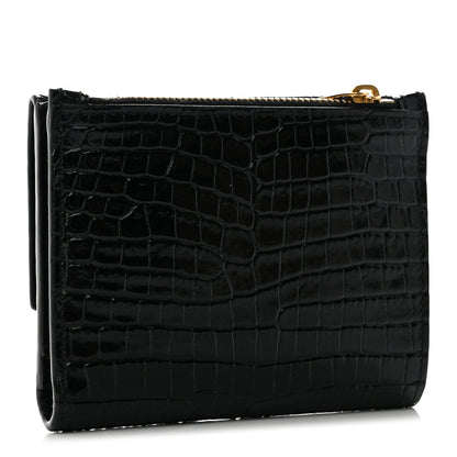 Saint Laurent Shiny Calfskin Crocodile Embossed Monogram Uptown Compact Wallet Black 3 of 13