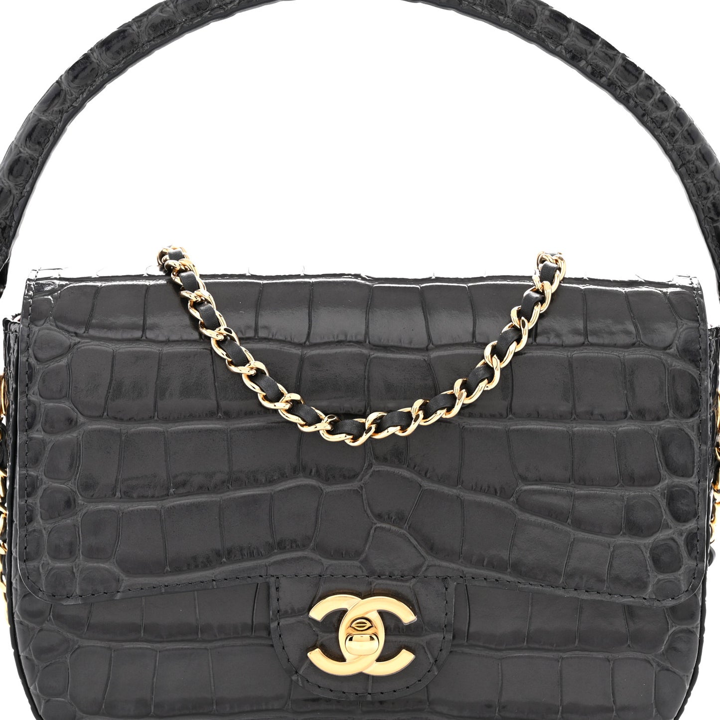 Calfskin Crocodile Embossed Turn Around Mini Flap Dark Grey