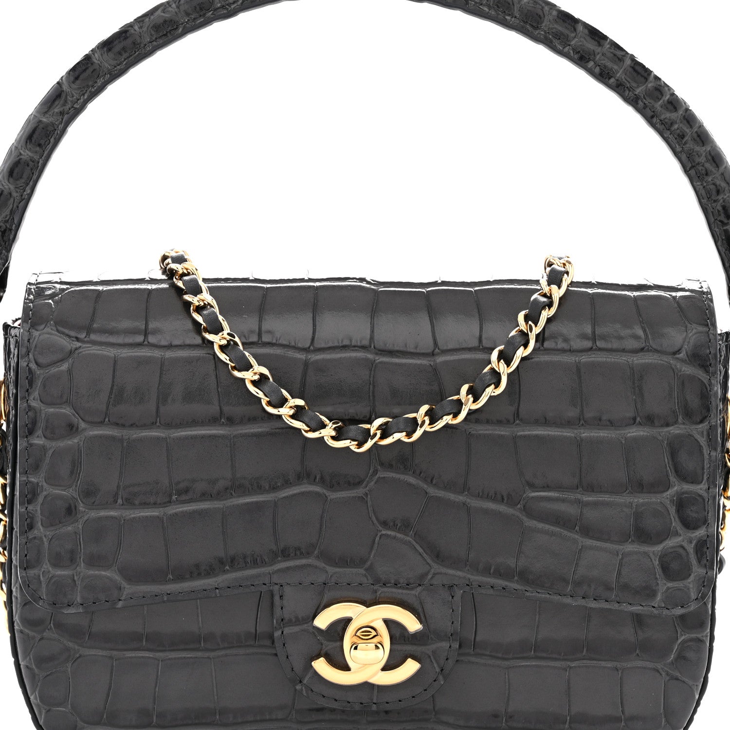 Chanel Calfskin Crocodile Embossed Turn Around Mini Flap Dark Grey 8 of 12