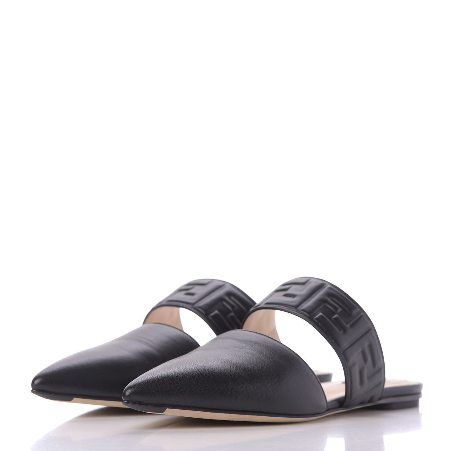 Vitello FF Embossed Buckle Flat Mules 38 Black