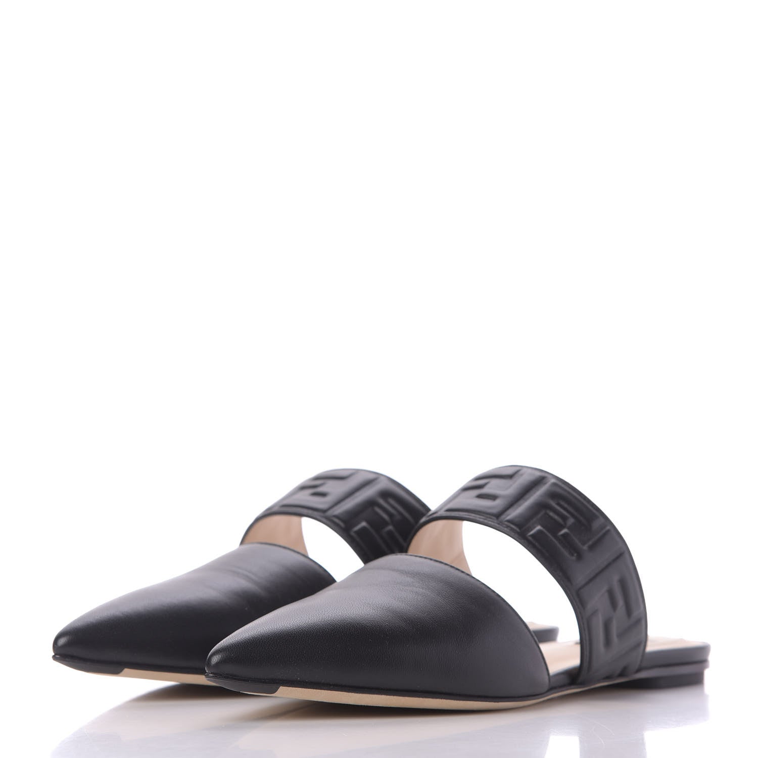 Fendi Vitello FF Embossed Buckle Flat Mules 38 Black 2 of 11