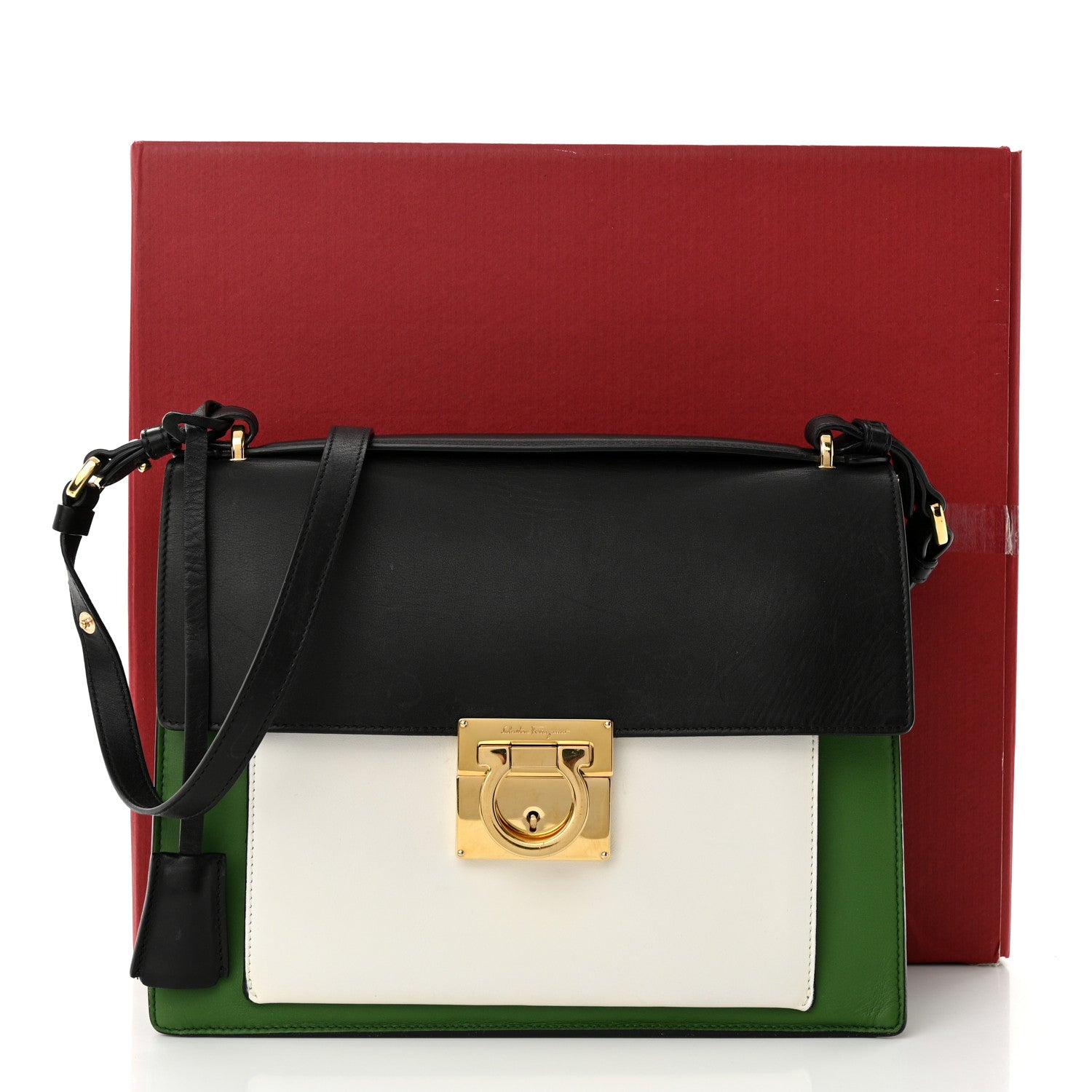 Salvatore Ferragamo Calfskin Colorblock Marisol Top Handle Shoulder Bag Black Green White 10 of 10