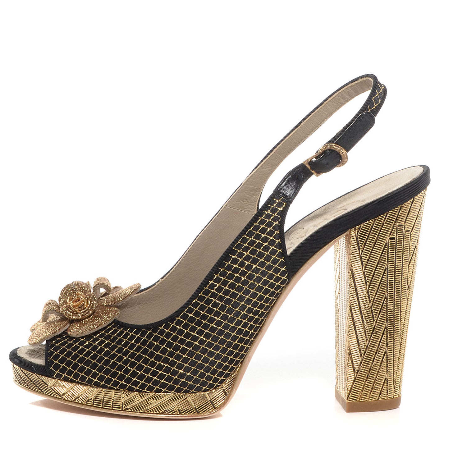 Latice Camellia Slingback Pumps 37.5 Black Gold