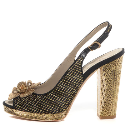 Chanel Latice Camellia Slingback Pumps 37.5 Black Gold 1 of 8