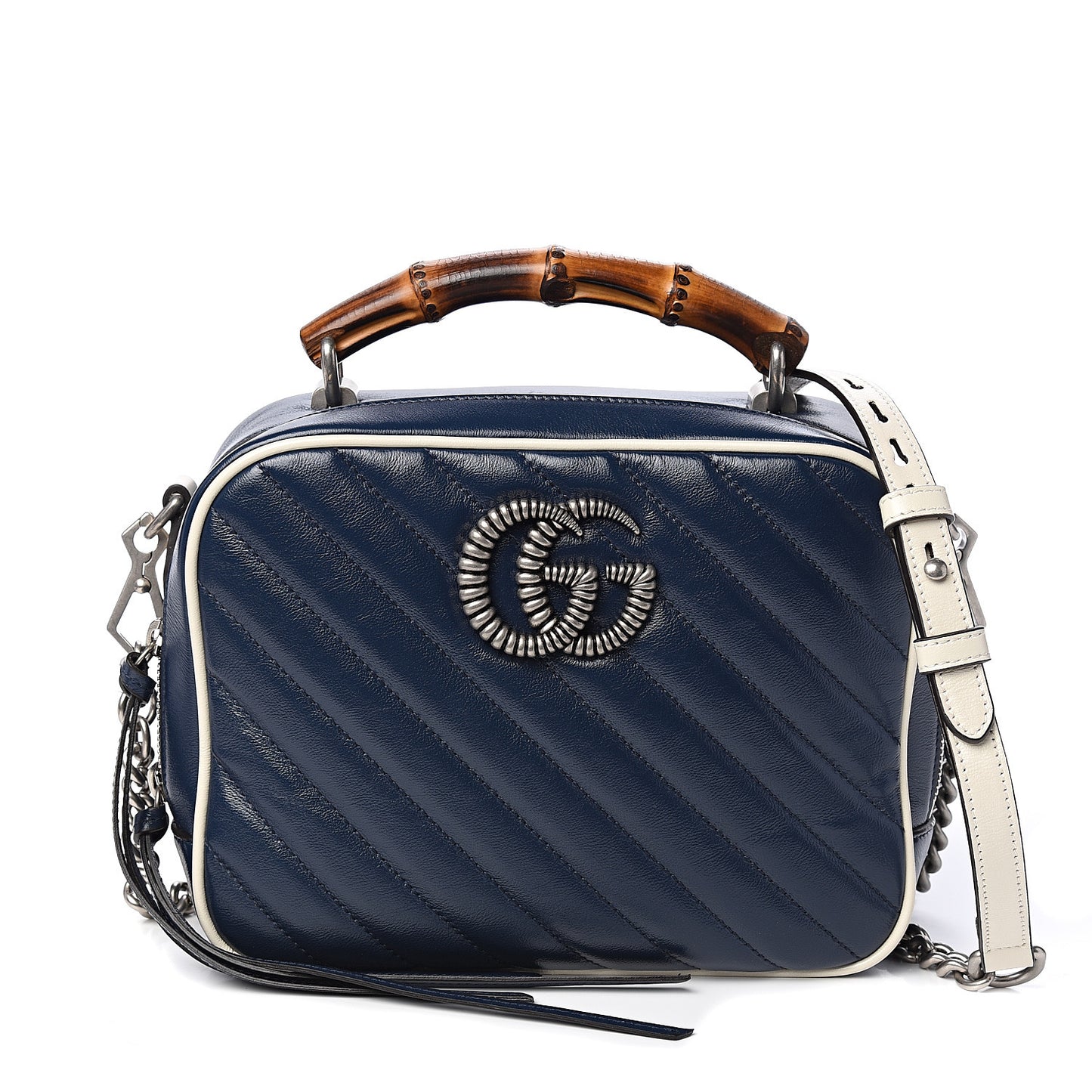 Vintage Effect Calfskin Matelasse Diagonal Small Torchon GG Marmont Bamboo Top Handle Shoulder Bag Blue Agata Mystic White