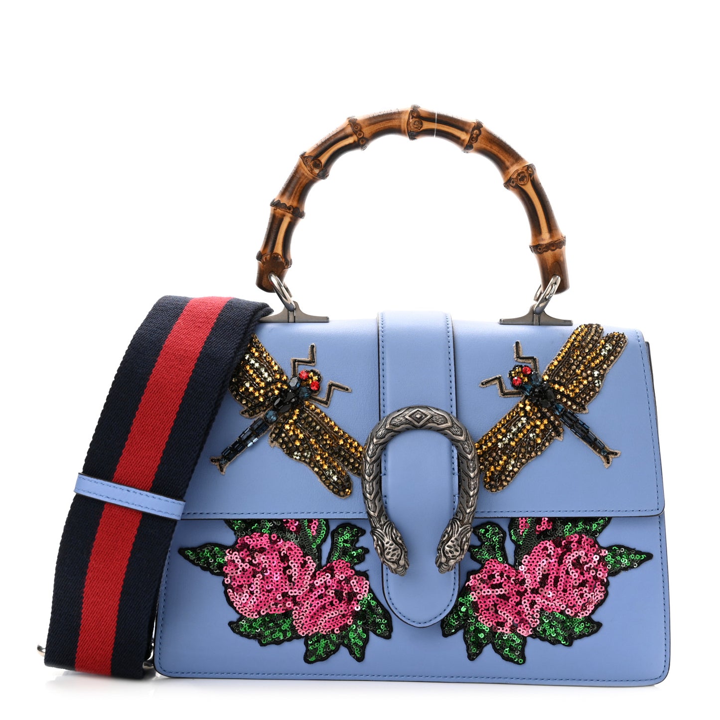 Calfskin Bamboo Web Embroidered Medium Dionysus Top Handle Bag Light Blue