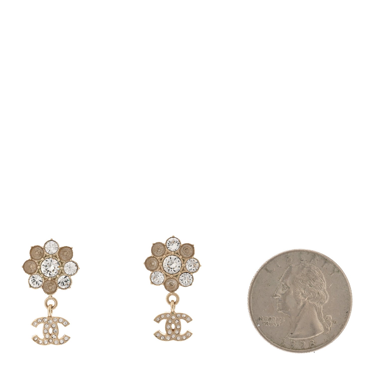 Chanel Crystal CC Flower Dangle Earrings Gold Beige 2 of 5