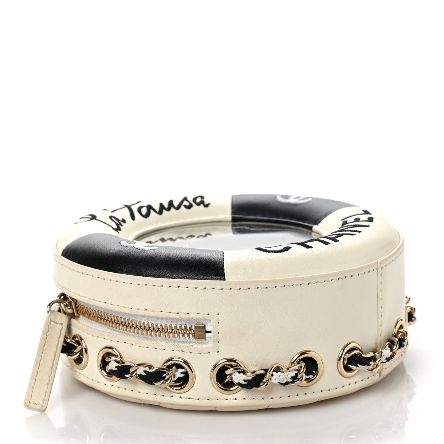 Lambskin Coco Lifesaver Round Bag Black White
