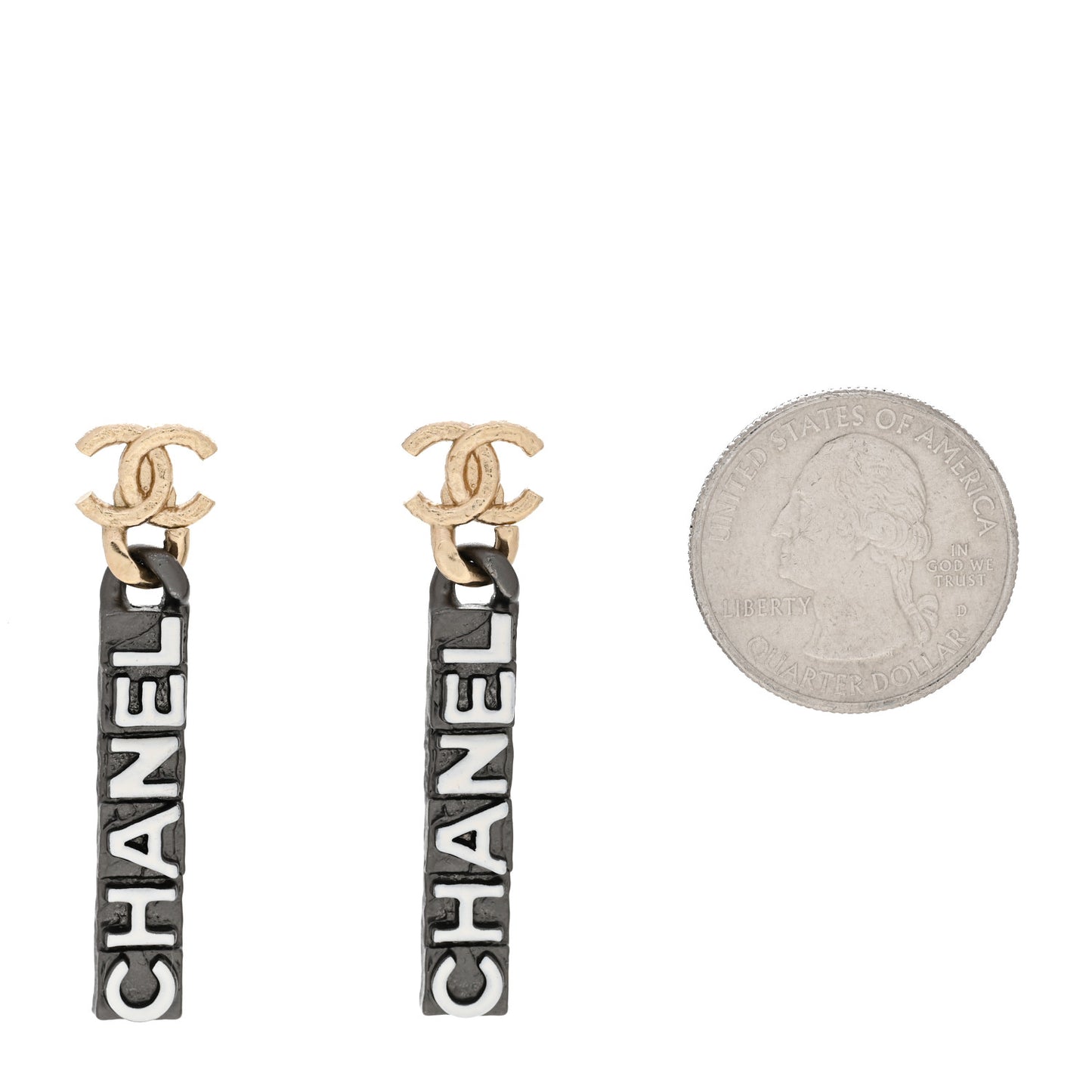 Metal Enamel CC Logo Drop Earrings Ruthenium Gold