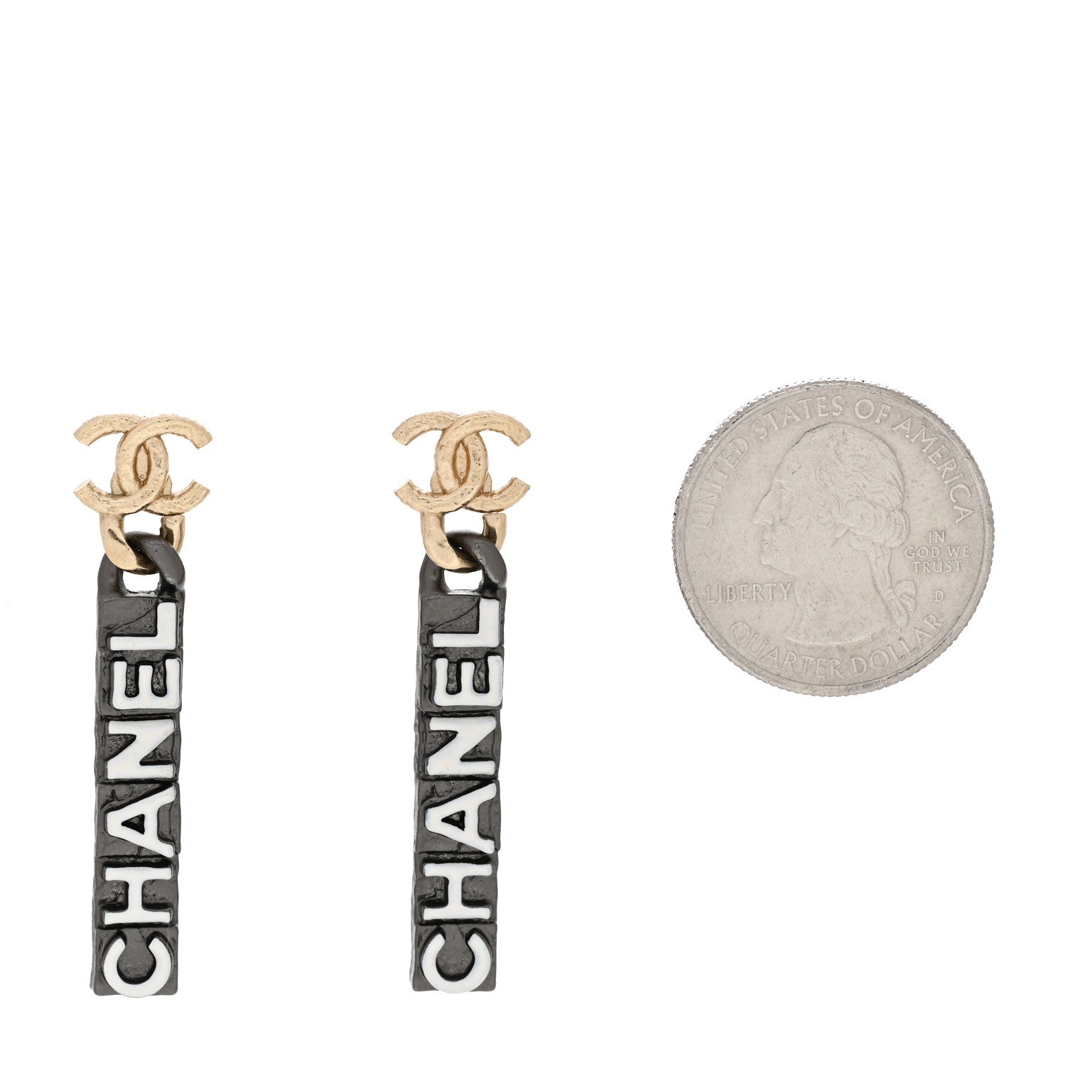 Chanel Metal Enamel CC Logo Drop Earrings Ruthenium Gold 2 of 7