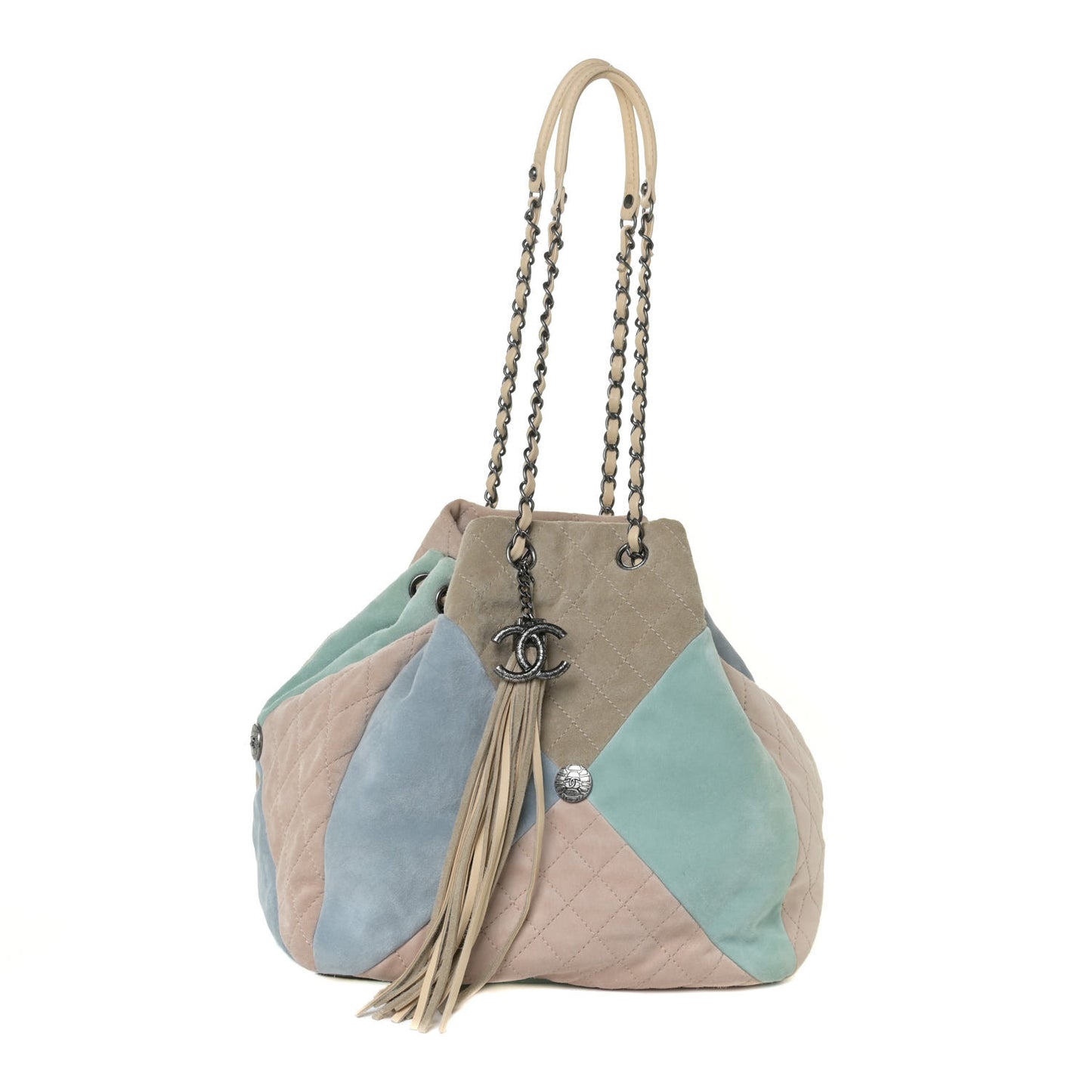 Suede Quilted Patchwork Drawstring Bag Blue Green Pink Beige