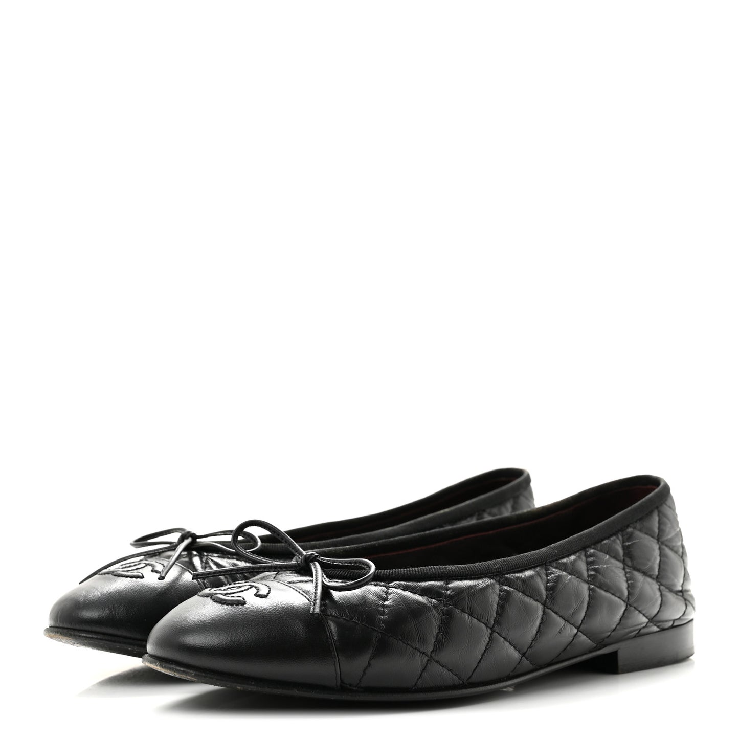 Aged Calfskin Quilted CC Cap Toe Ballerina Flats 37.5 Black